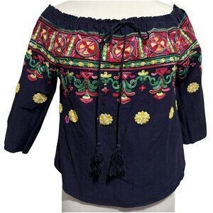 Sorrento Navy Off-Shoulder Embroidered Peasant Top Sz M Colorful Floral Boho